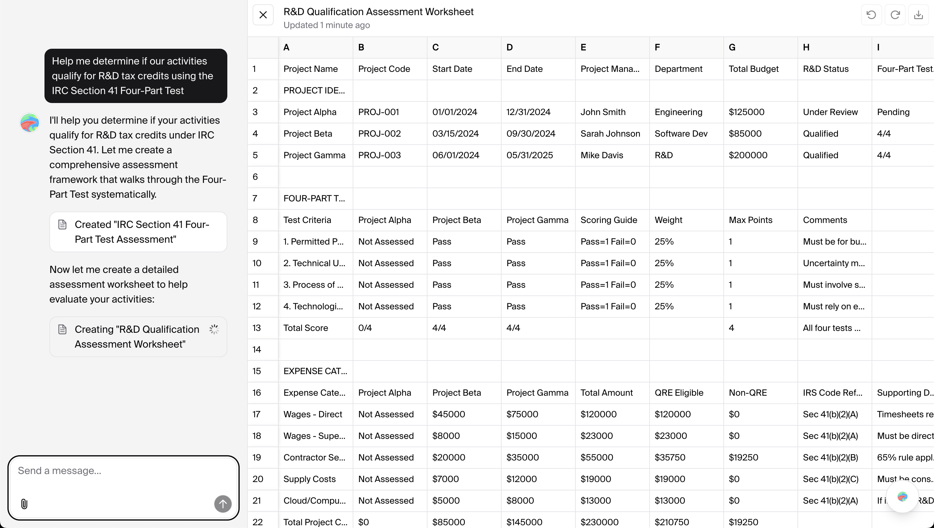 Complex spreadsheet interface